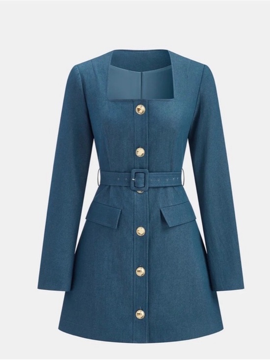 Commense Dresses & Skirts - Commense Teal Blue Long-Sleeve Belted Mini Dress